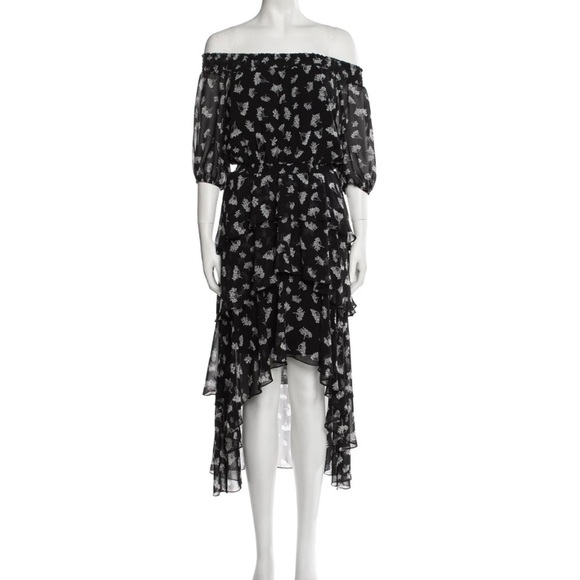 Maje Floral Off Shoulder Hi Low Black White Asymmetrical Midi Dress US M l FR 38 - Picture 6 of 14